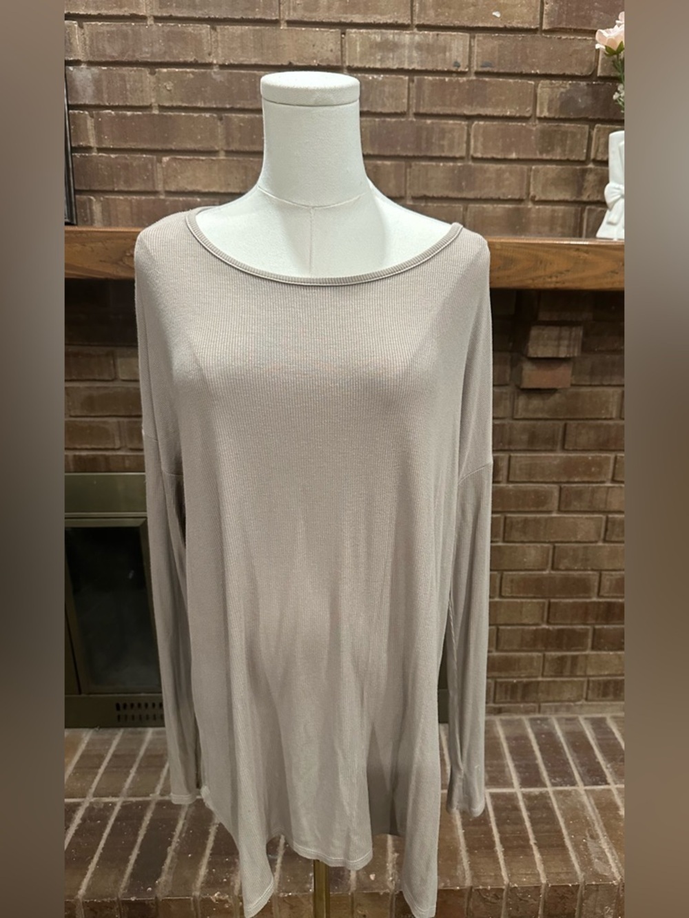 Michael Stars Ribbed Tunic Top Beige Long Sleeve One Size OS Lagenlook Boho
